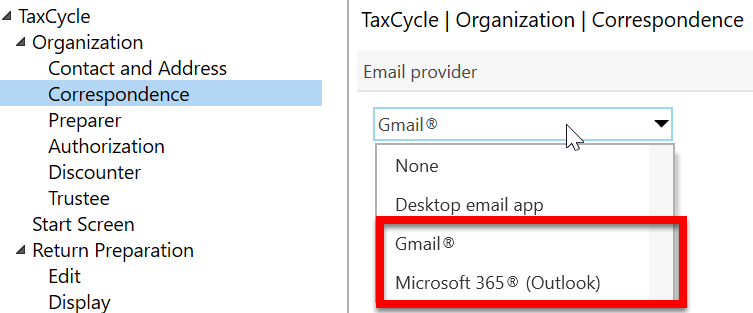 Screen Capture: Email provider