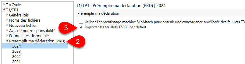 Capture d’écran : Options PRD dans TaxCycle