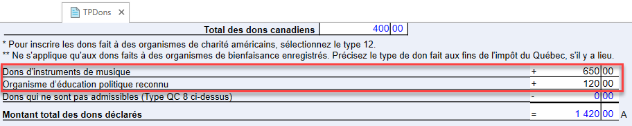 Capture d'écran : Champs supplémentaires du QC sur la grille TPDons