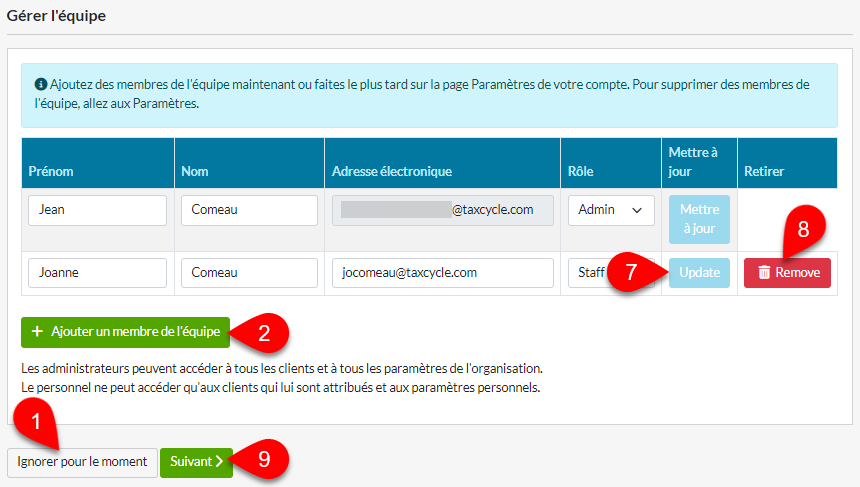 Capture d'écran : Gestion de l'équipe dans TaxFolder