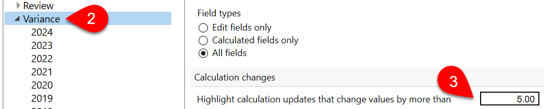 Screen Capture: Variance Options