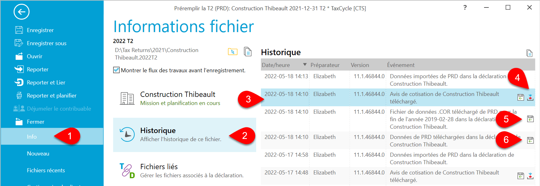 Capture d’écran : Historique du fichier PRD T2