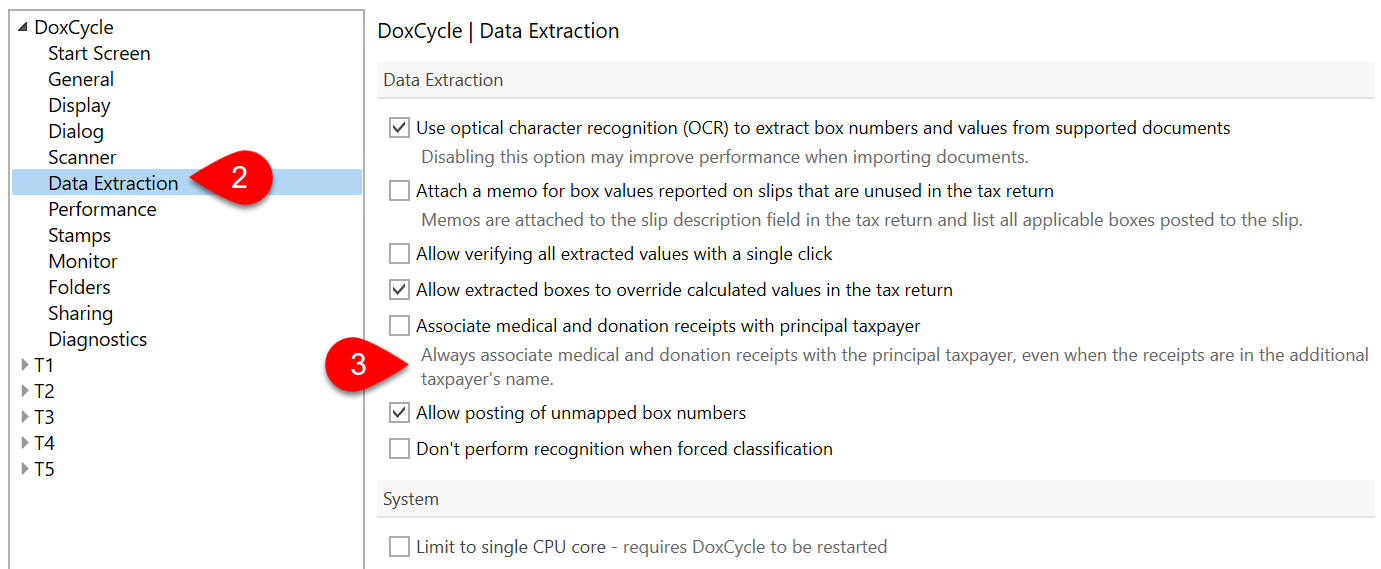 Screen Capture: Data Extraction options in DoxCycle