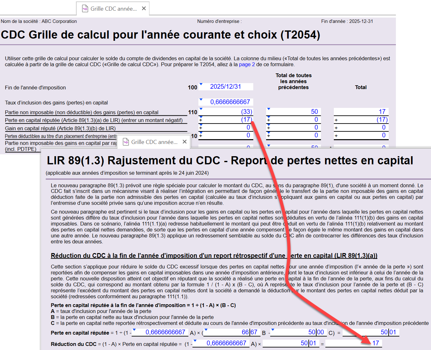 Capture d'écran : Grille de calcul CDC de l'année en cours