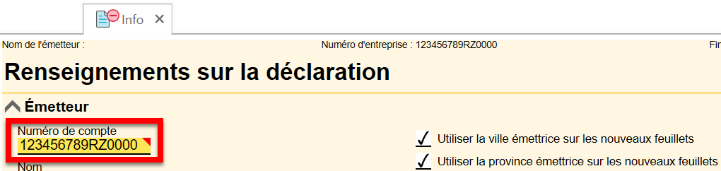 Capture d'écran : Numéro de compte