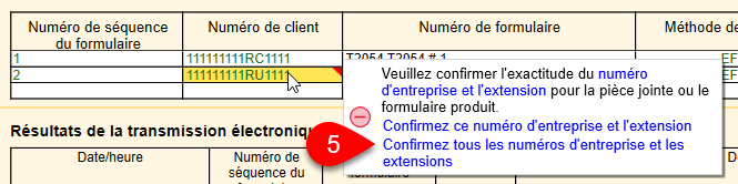 Capture d'écran : Confirmer le numéro d'entreprise et le poste