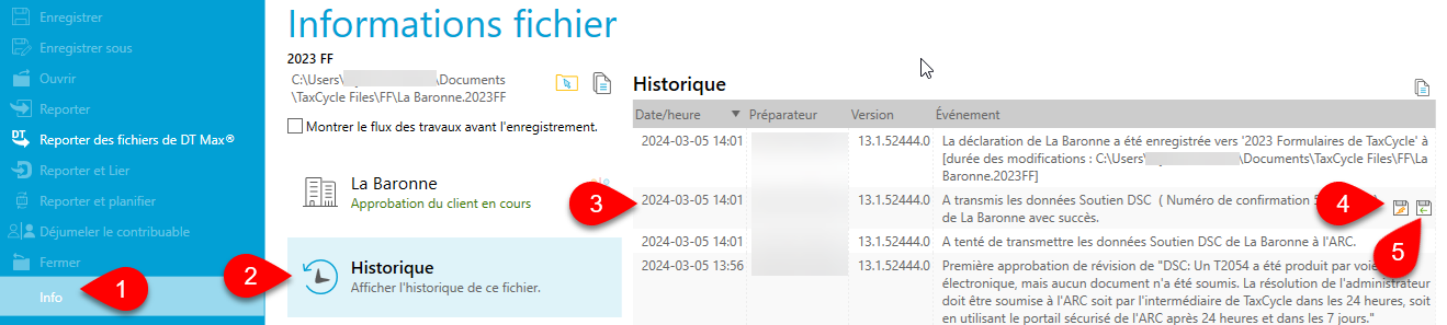 Capture d’écran : Renseignements du fichier, historique