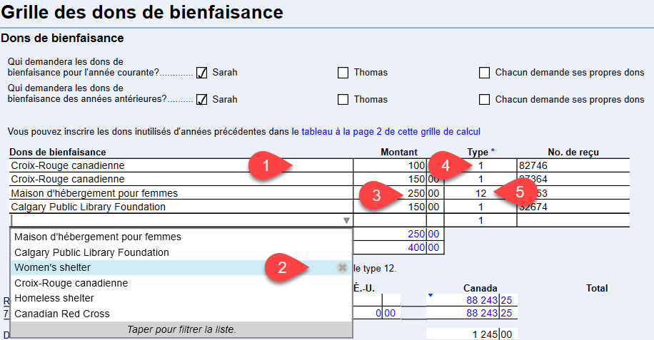 Capture d'écran : Tableau de saisie des données sur la grille de calcul Dons