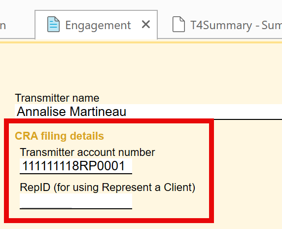 Screen Capture: CRA filing details on the Engagement worksheet