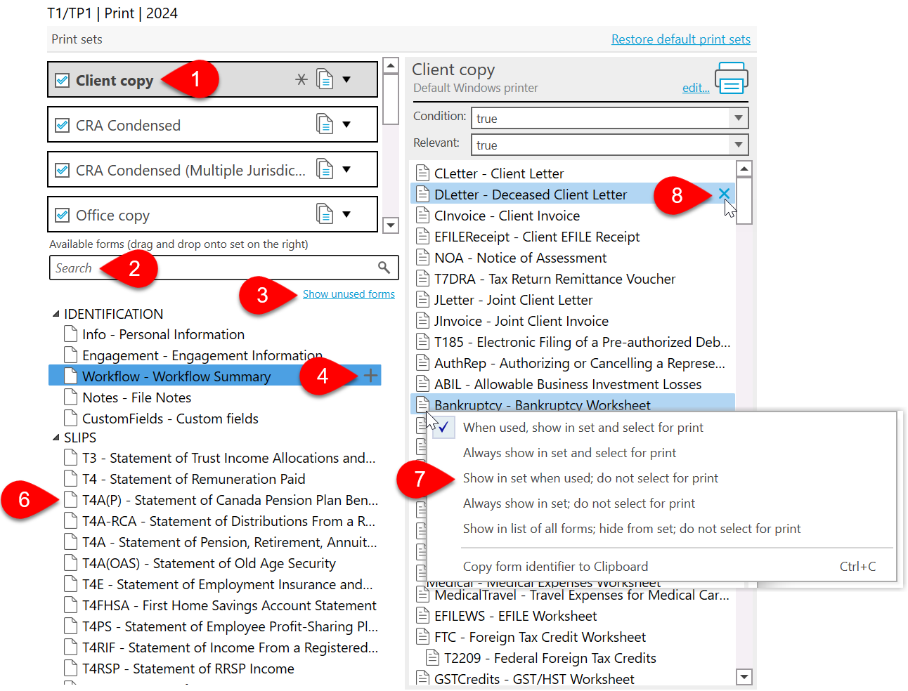 Screen Capture: Select forms in print set