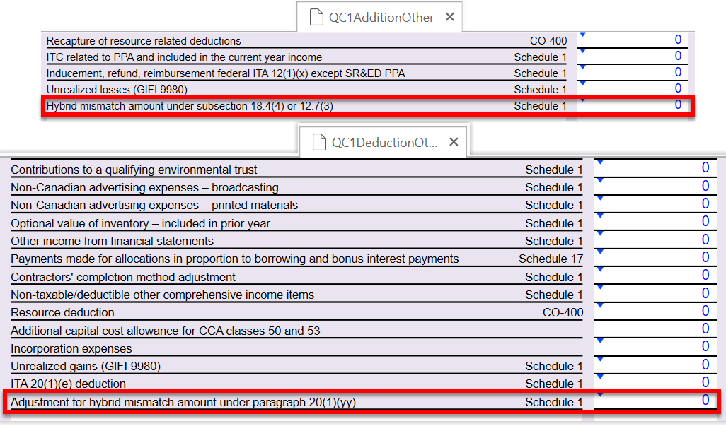 Screen Capture: QC1AdditionOther, QC1DeductionOther