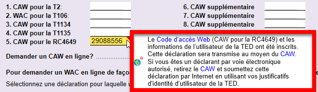 Capture d'écran : Message de révision de la TED et du CAW sur la GrilleT2TIDS