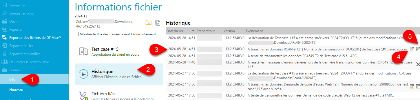 Capture d’écran : Historique de la transmission de la RC4649