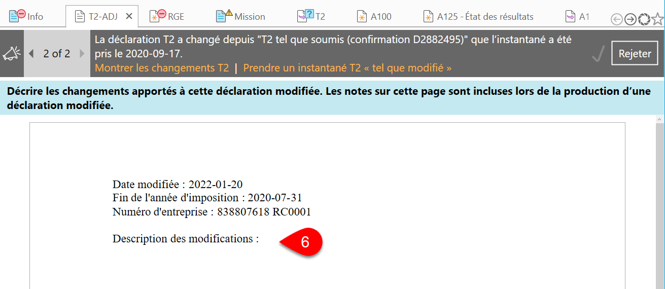 Capture d’écran : Description des changements T2-ADJ
