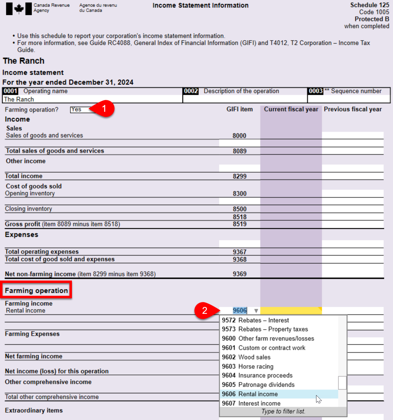 Screen Capture: Enable the S125 to show GIFI codes related to farming