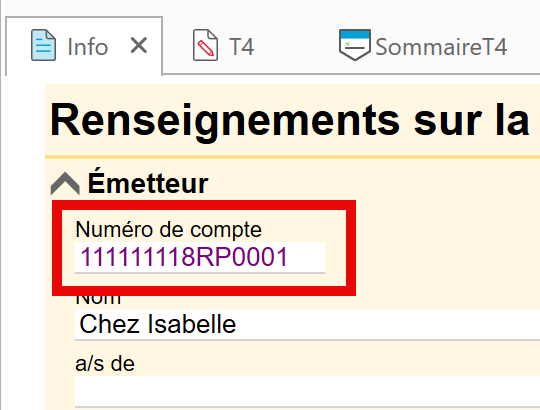 Capture d'écran : champ de numéro de compte sur la grille Info dans TaxCycle