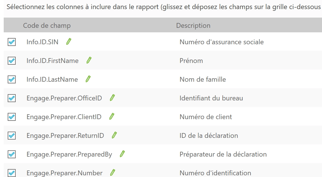 Screen Capture: Select columns to include in the report