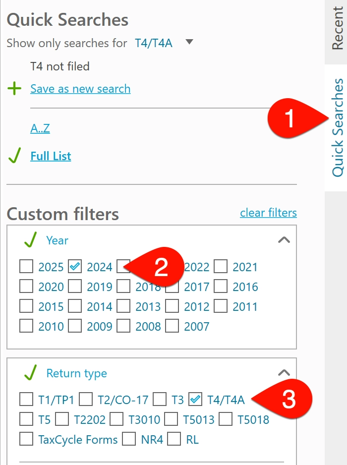 Screen Capture: Custom filters in the Quick Searches sidebar