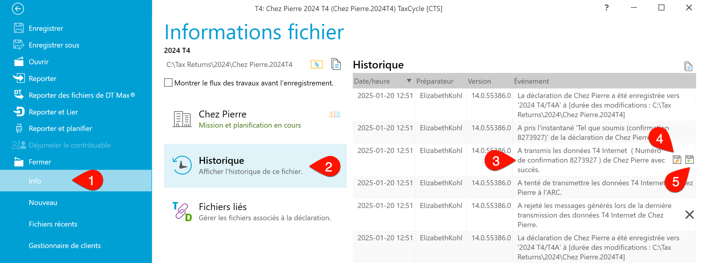 Capture d'écran : Historique des fichiers de transmission des feuillets