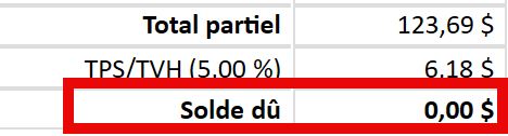 Capture d'écran : modèle avec solde dû de 0,00 $