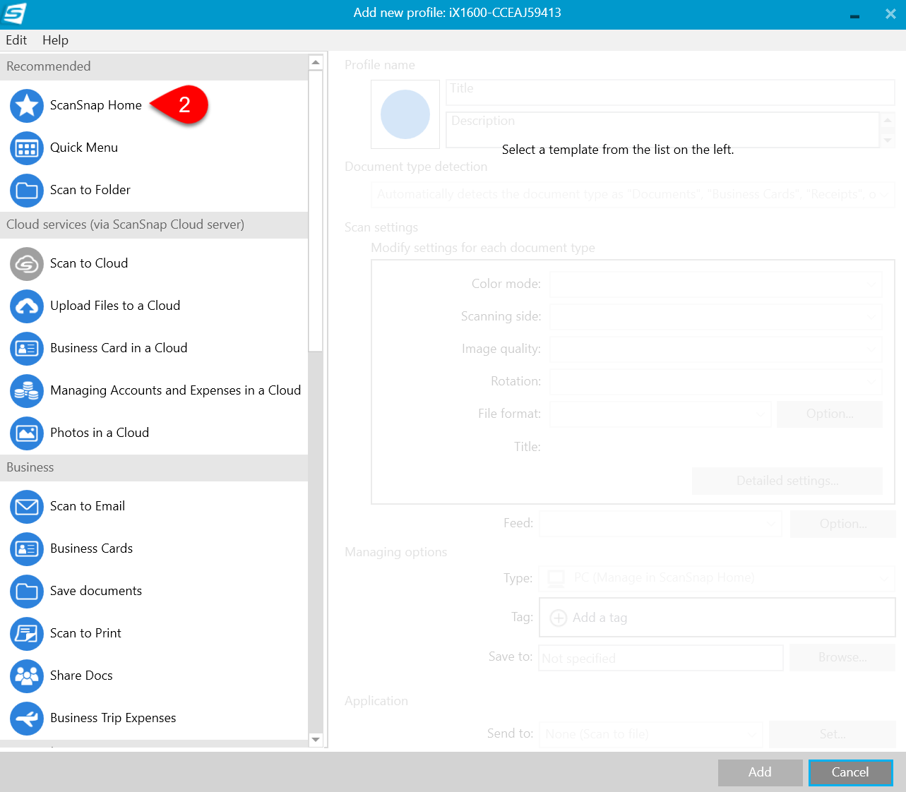 Screen Capture: Select ScanSnap Home
