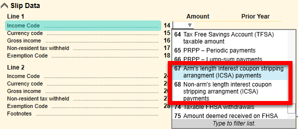 Screen Capture: New income codes on the NR4