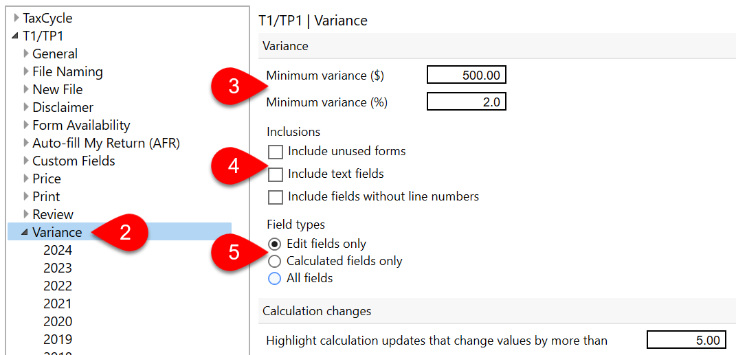 Screen Capture: Variance options