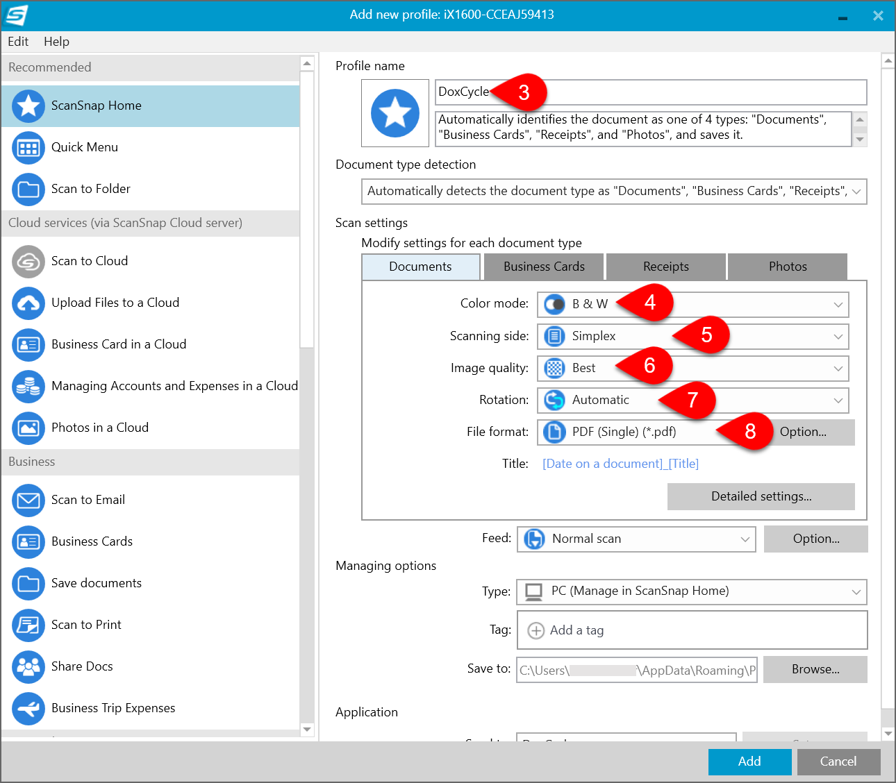 Screen Capture: Add DoxCycle profile to ScanSnap Home