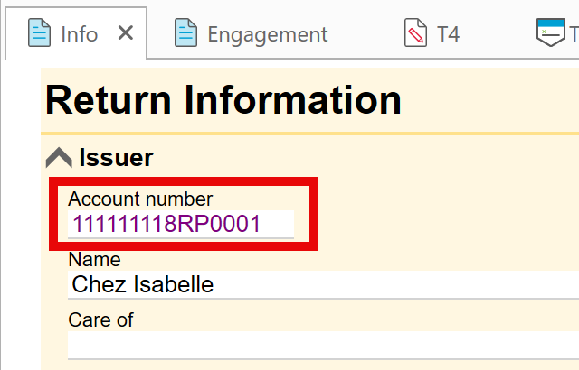 Screen Capture: Account number field on the Info worksheet in TaxCycle