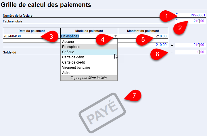 Capture d'écran : Grille de calcul des paiements