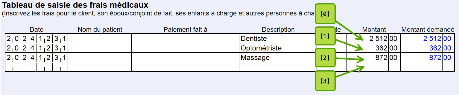 Capture d'écran : Numérotation des codes de champ dans les rangées