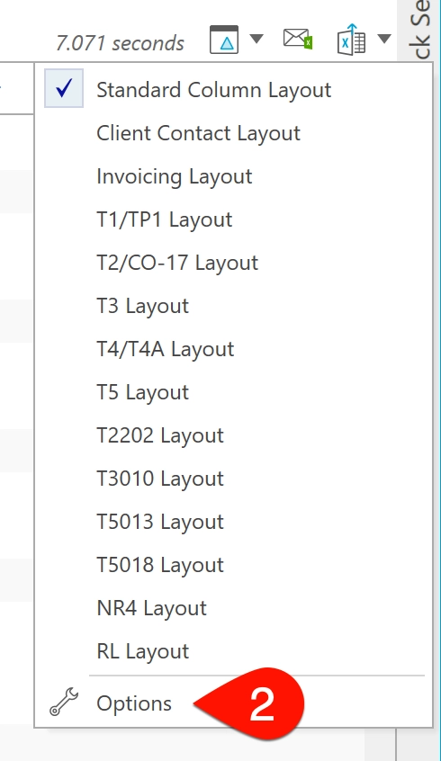 Screen capture: Column layout menu, number two arrow pointing to Options