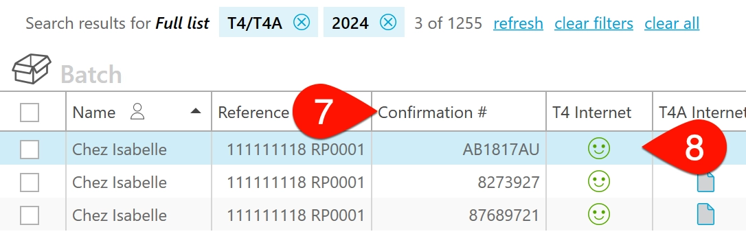 Screen Capture: List of T4 returns and confirmation numbers