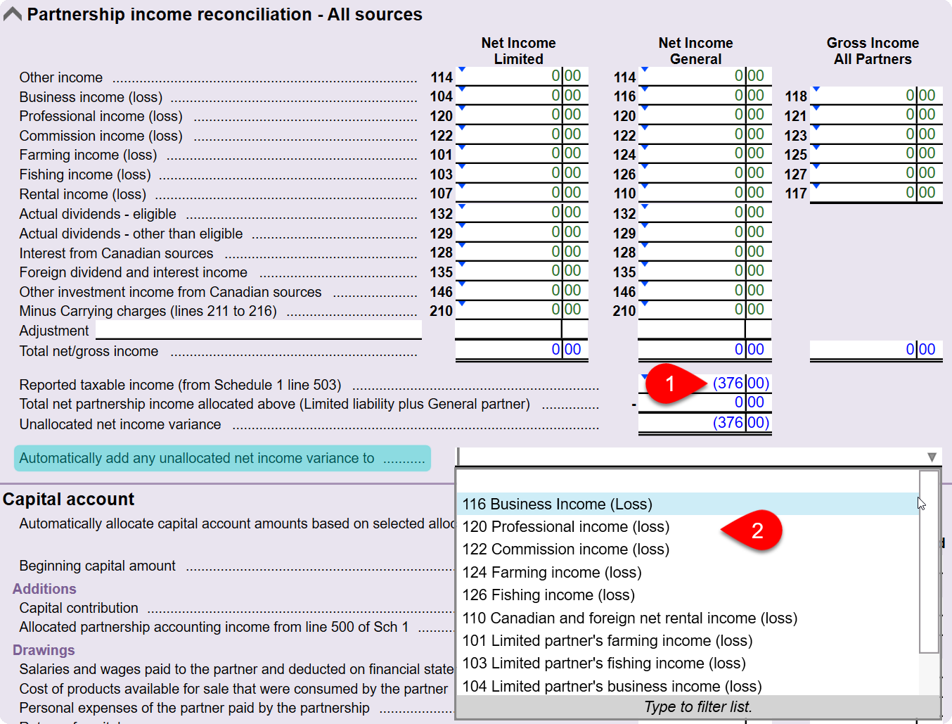 Screen Capture: Partnership income reconciliation