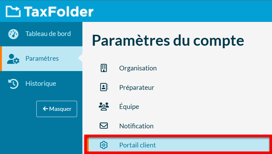 Capture d'écran : Paramètres du portail client