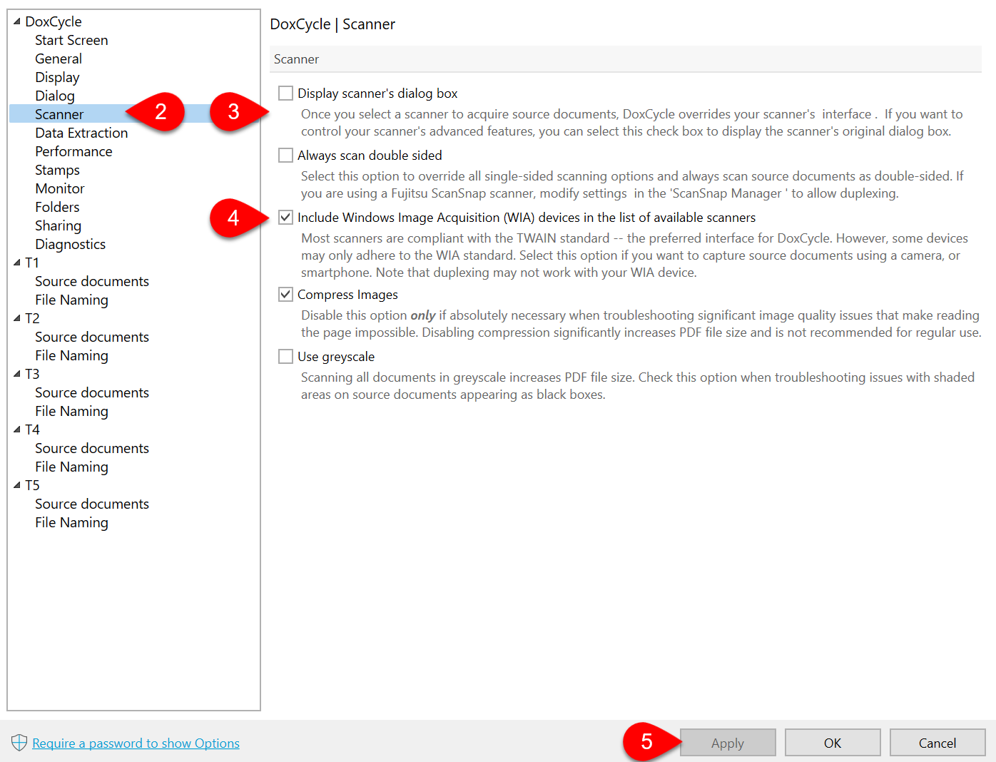 Screen Capture: Scanner Options in DoxCycle