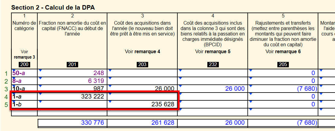 Capture d'écran : Catégories d'actifs distinctes