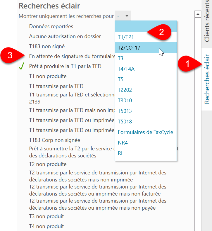 Capture d’écran : Barre latérale Recherches éclair