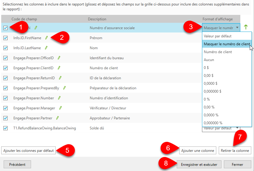 Capture d'écran : Sélectionner les colonnes à inclure dans le rapport