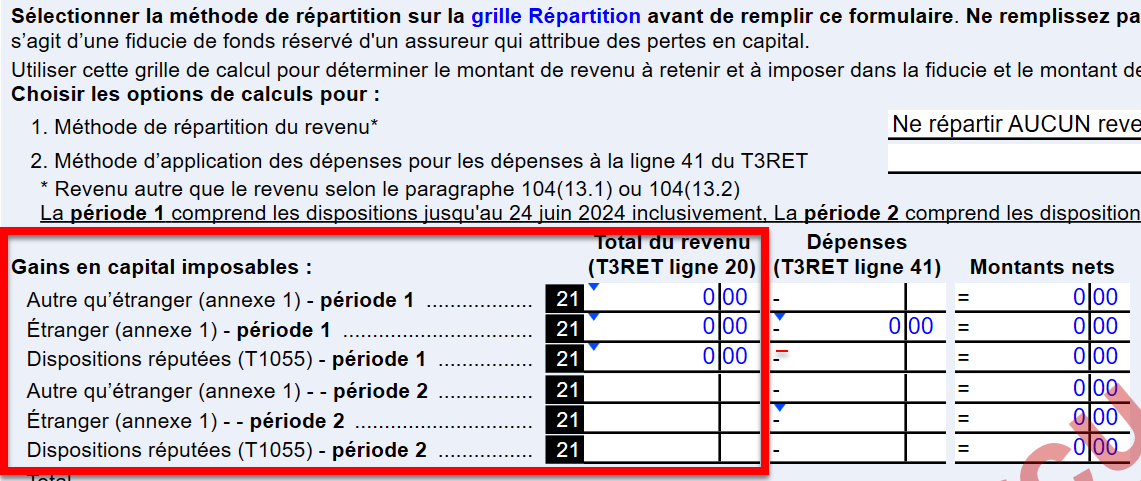 Capture d'écran : Gains en capital imposables sur la Grille A9